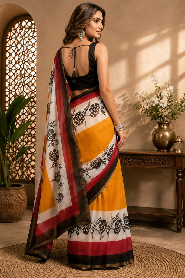 Multi Color Floral Printed Chanderi Cotton Ready To Wear Saree (HT2122)