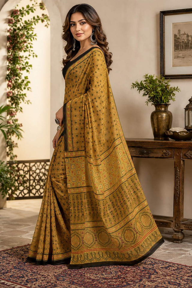 Mustard Kalamkari Printed Chanderi Cotton Ready To Wear Saree (HT2123)