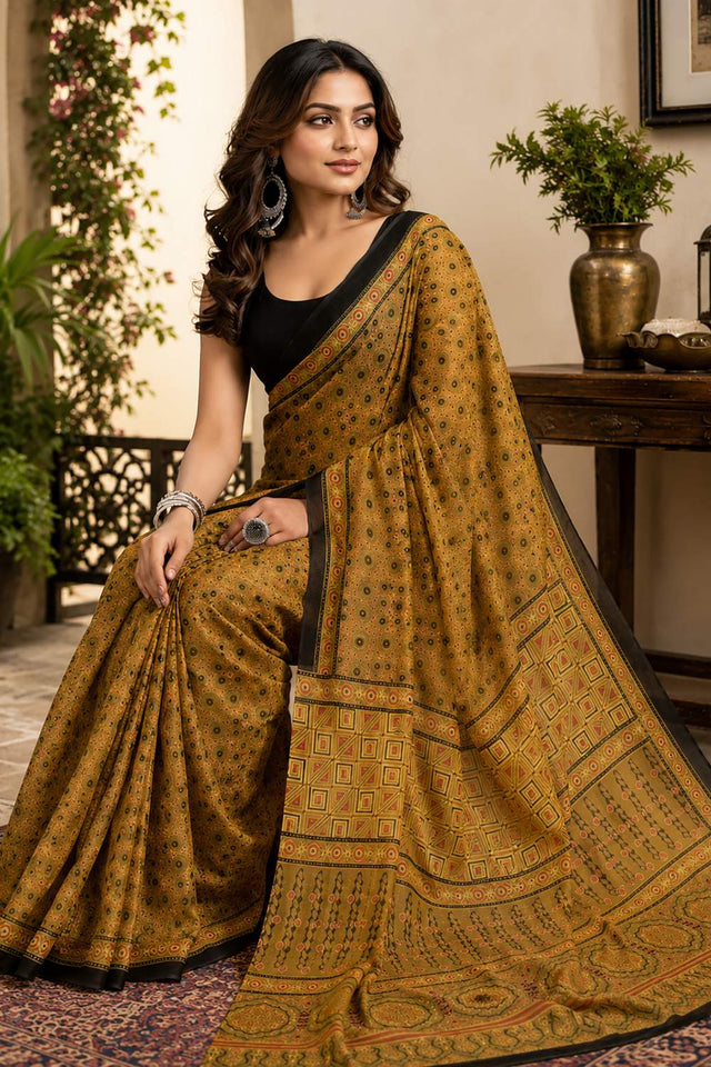 Mustard Kalamkari Printed Chanderi Cotton Ready To Wear Saree (HT2123)