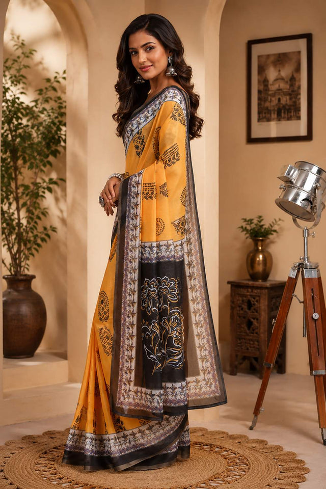 Mustard Printed Chanderi Cotton Ready To Wear Saree (HT2126)
