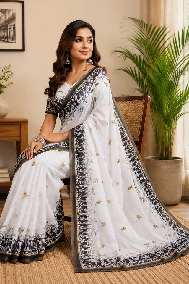 White Printed Chanderi Cotton Ready To Wear Saree (HT2127)