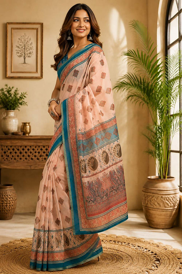 Peach Geometric Printed Chanderi Cotton Ready To Wear Saree (HT2128)