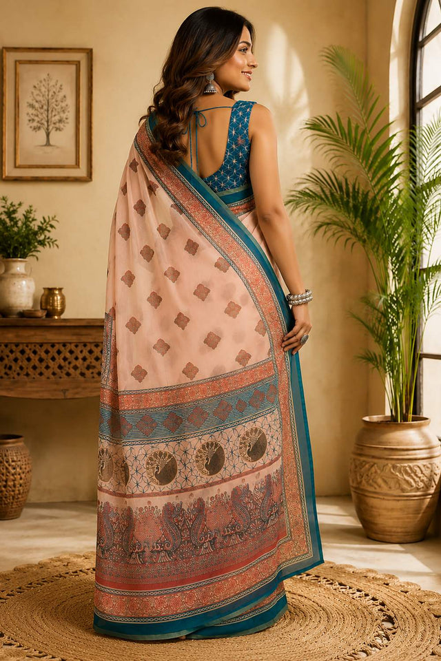 Peach Geometric Printed Chanderi Cotton Ready To Wear Saree (HT2128)