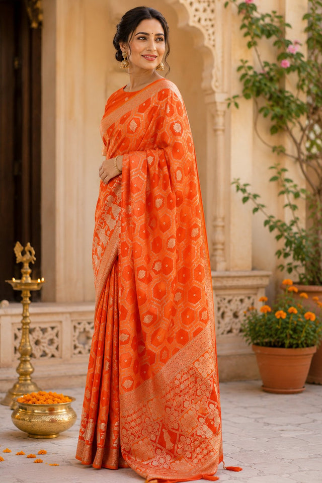 Orange Woven Soft Silk Saree (HT2404)