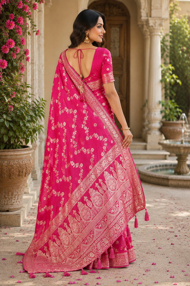 Pink Floral Woven Soft Silk Saree (HT2405)