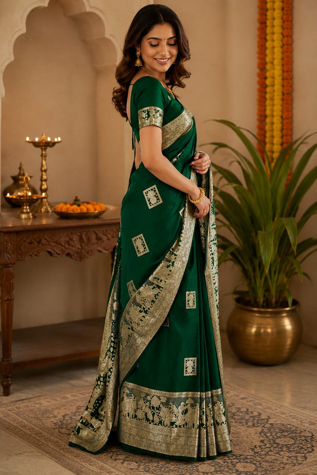Dark Green Geometric Woven Soft Silk Saree (HT2406)