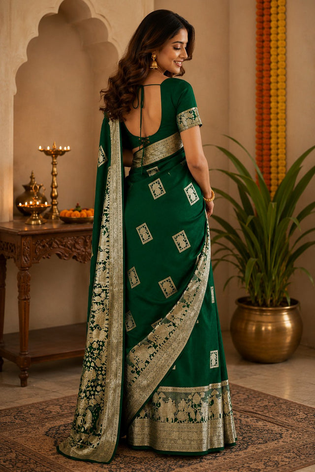Dark Green Geometric Woven Soft Silk Saree (HT2406)