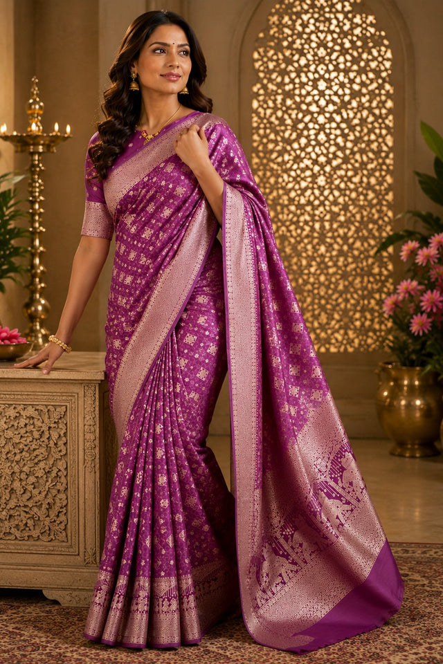 Violet Geometric Woven Soft Silk Saree (HT2407)