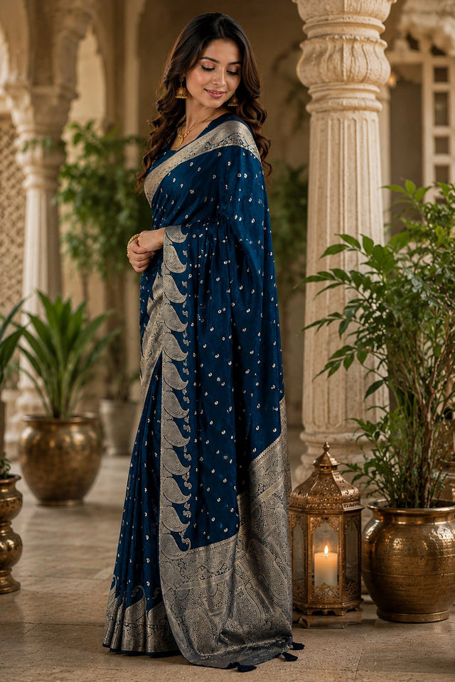 Navy Blue Woven Soft Silk Saree (HT2408)