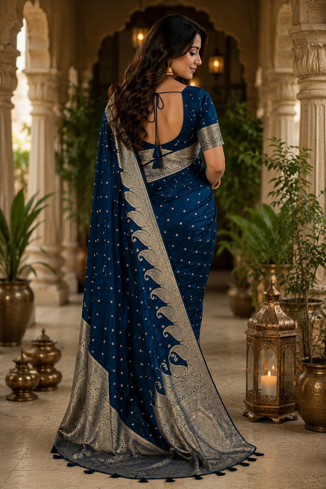 Navy Blue Woven Soft Silk Saree (HT2408)