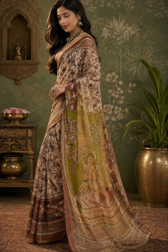 Cream & Brown Kalamkari Floral Printed Linen Saree (HT2502)