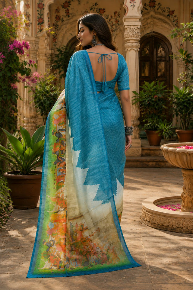 Blue Printed Linen Saree (HT2503)