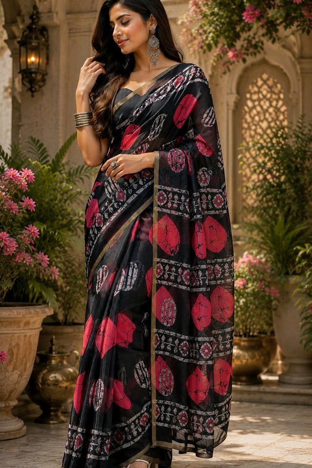 Black Printed Linen Saree (HT2505)