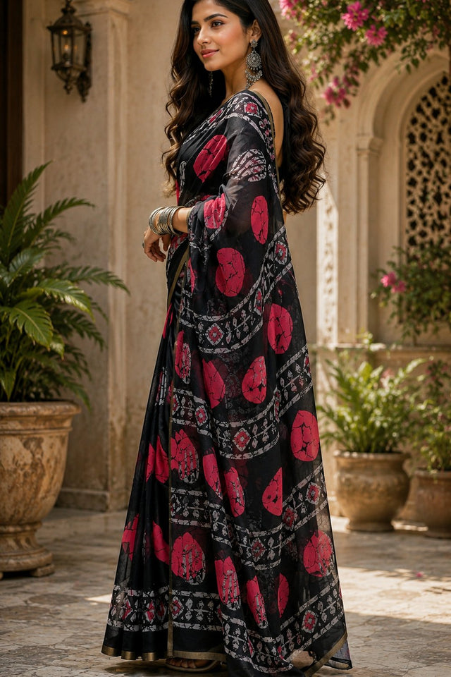 Black Printed Linen Saree (HT2505)