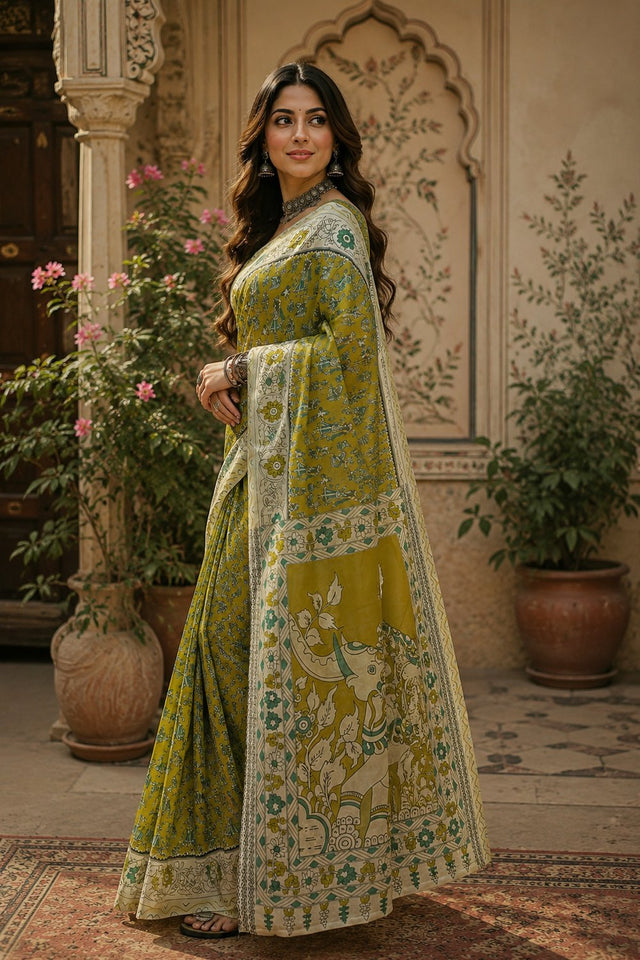 Olive Green Kalamkari Printed Linen Saree (HT2506)