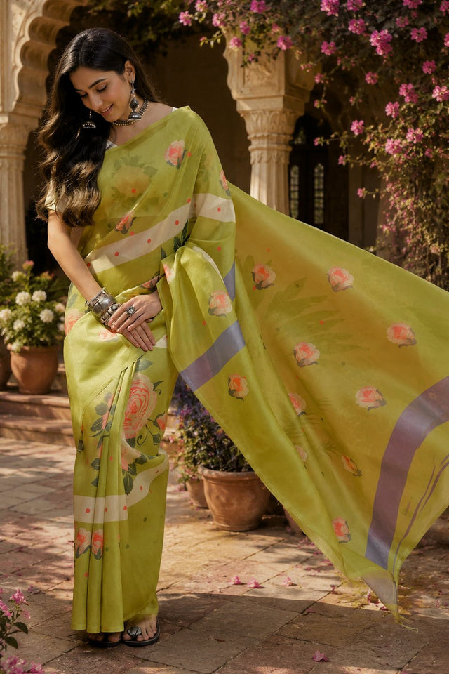 Lime Green Floral Printed Linen Saree (HT2507)
