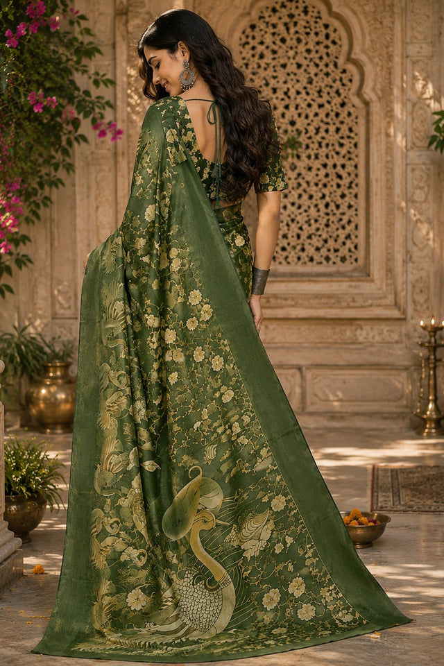 Mehendi Floral Printed Linen Saree (HT2509)