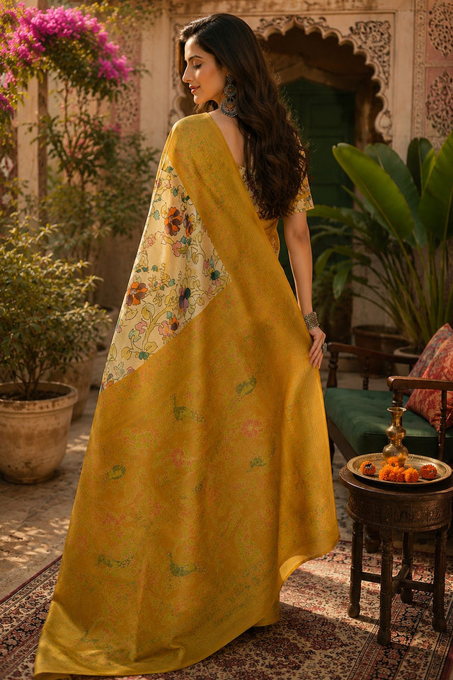 Cream & Mustard Yellow Kalamkari Floral Printed Linen Saree (HT2511)