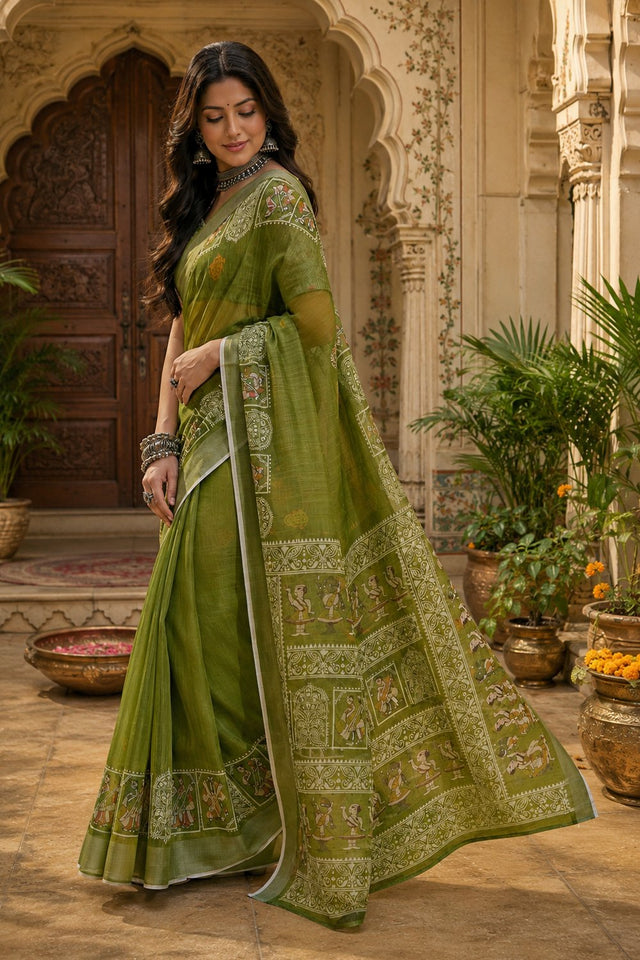 Mehendi Printed Linen Saree (HT2512)