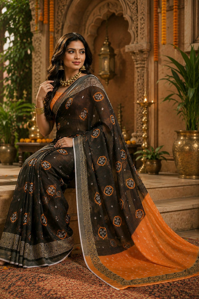 Black & Orange Bandhani Printed Linen Saree (HT2513)