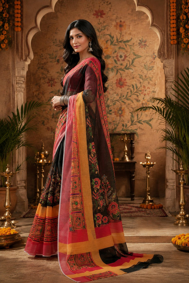 Multicolor Floral Printed Linen Saree (HT2514)