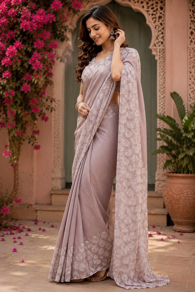 Lavender Printed Linen Saree (HT2515)