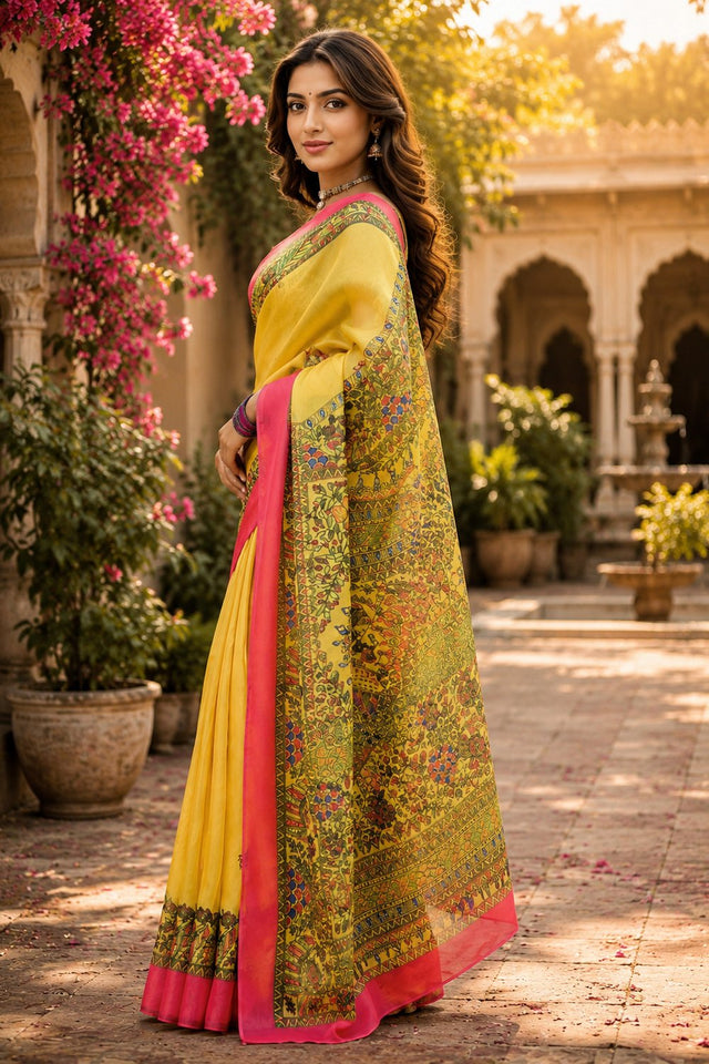 Yellow Madhubani Printed Linen Saree (HT2516)