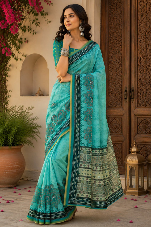 Turquoise Blue Floral Printed Linen Saree (HT2519)