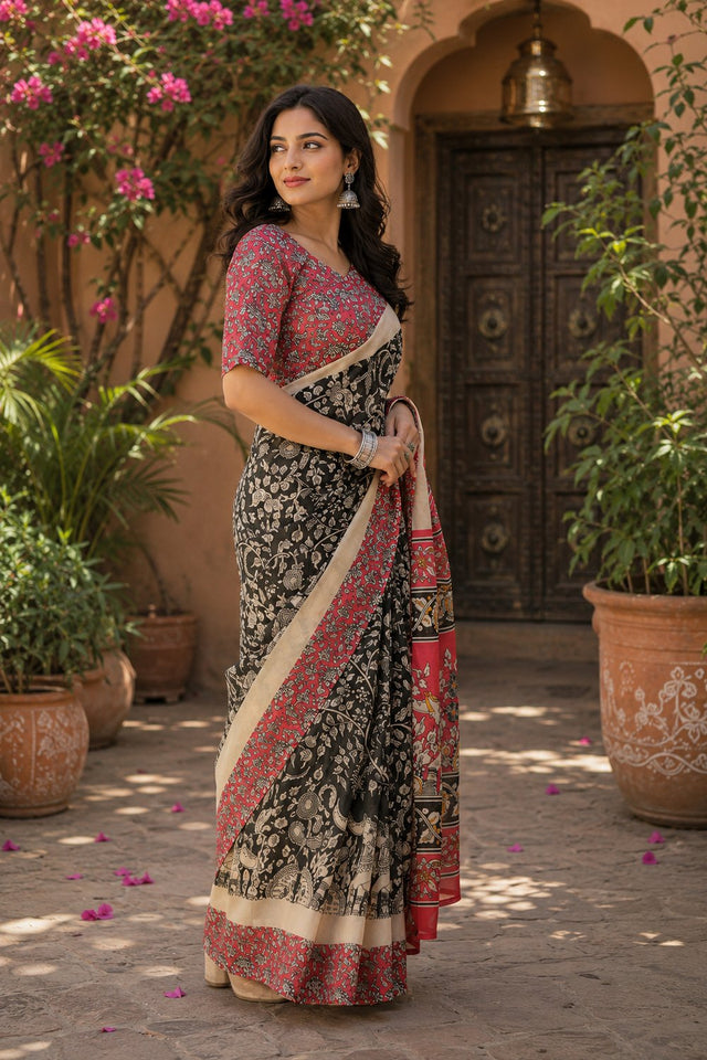 Black Kalamkari Printed Linen Saree (HT2520)