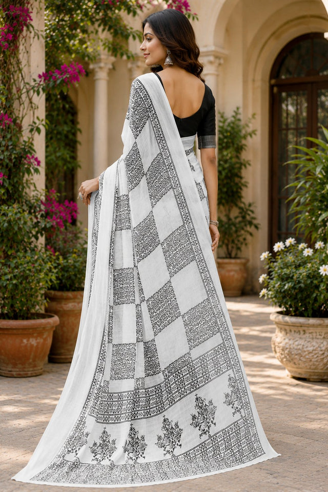 White & Black Printed Linen Saree (HT2522)