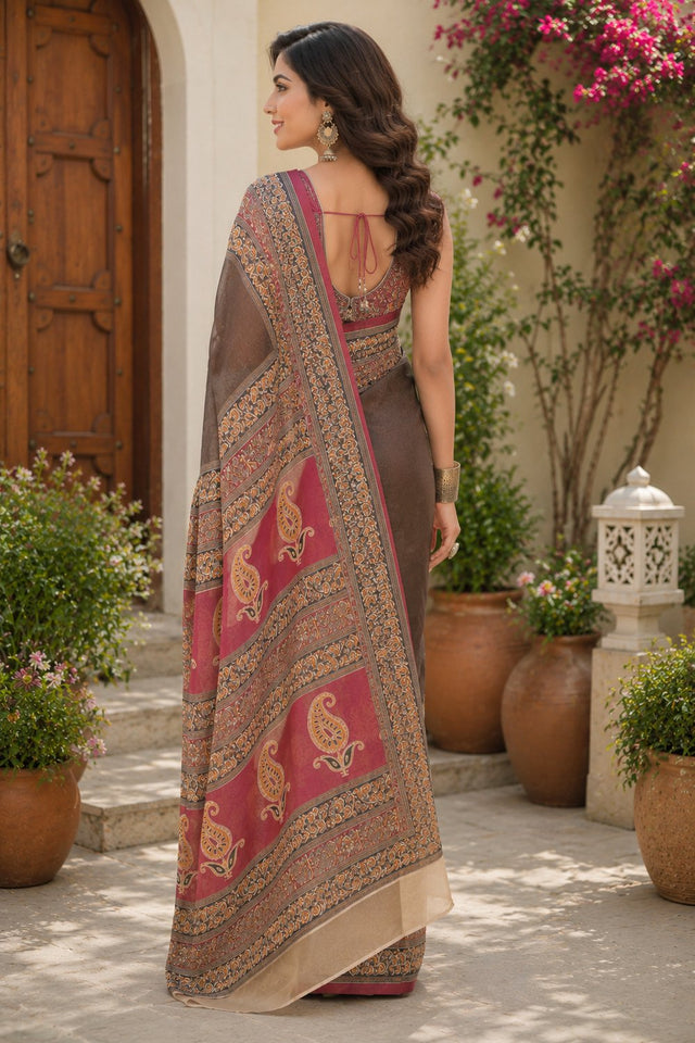 Chocolate Brown Printed Linen Saree (HT2523)