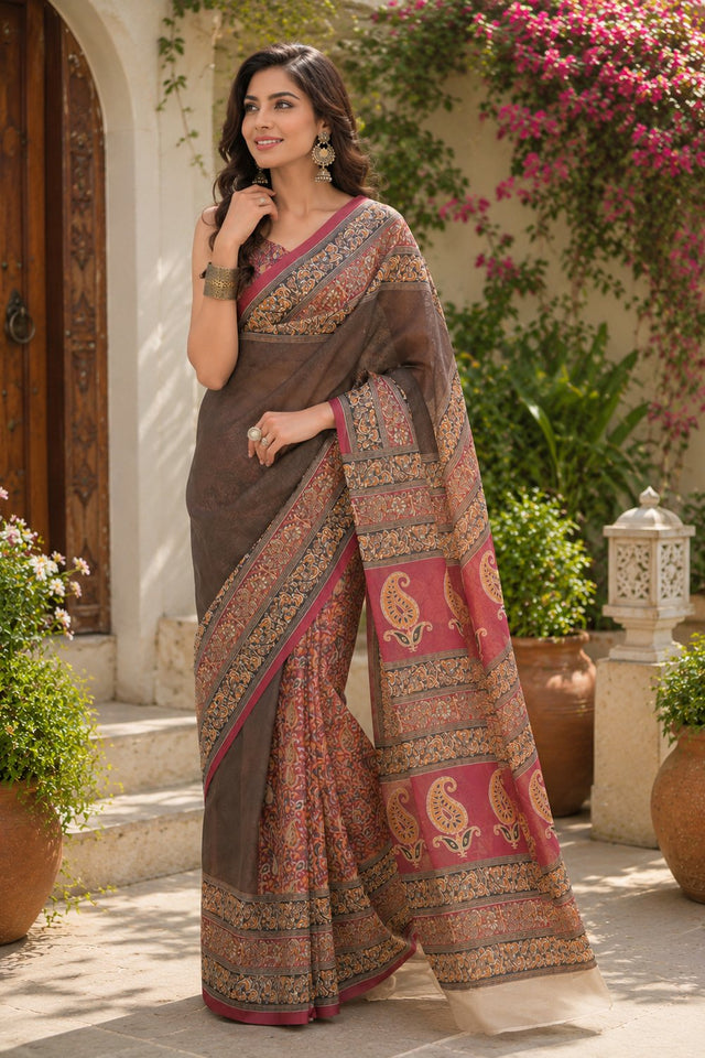 Chocolate Brown Printed Linen Saree (HT2523)