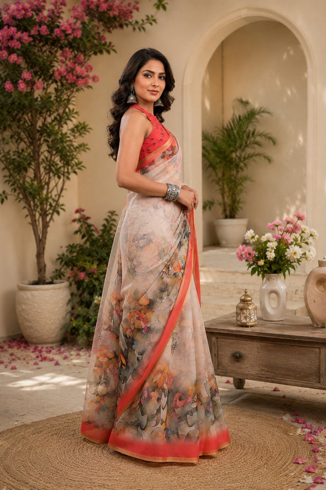 Ivory Floral Printed Linen Saree (HT2526)