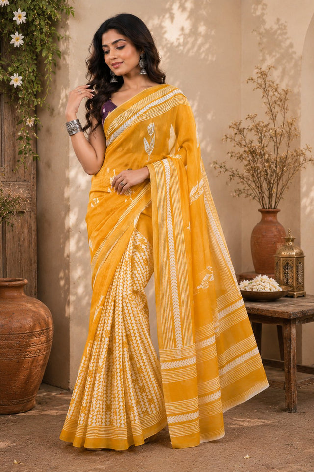 Mustard Yellow Printed Linen Saree (HT2528)