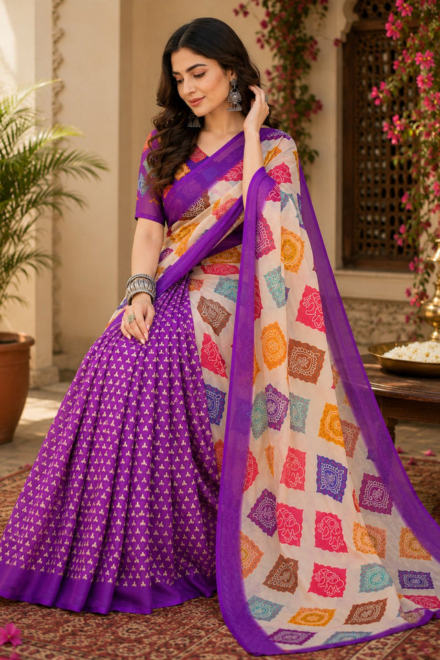 Cream & Purple Geometric Printed Linen Saree (HT2530)