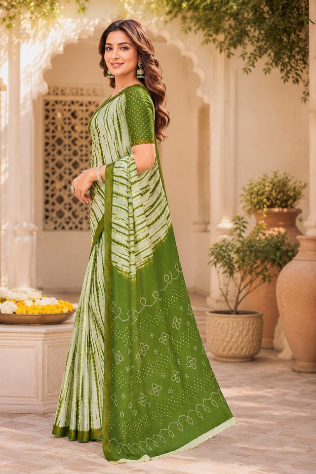 Mehendi Green & White Printed Linen Saree (HT2532)