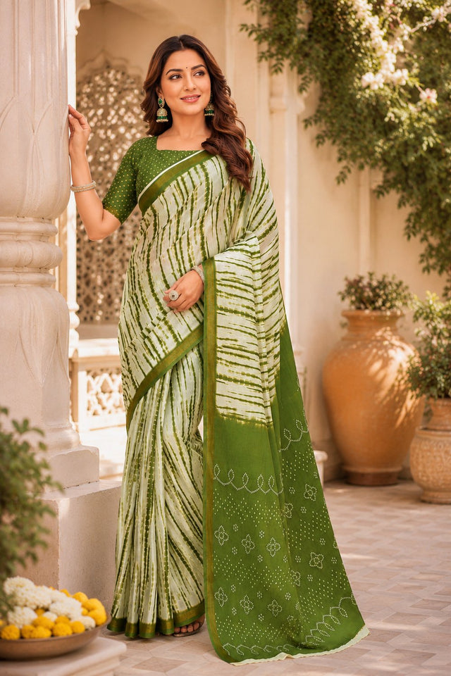 Mehendi Green & White Printed Linen Saree (HT2532)
