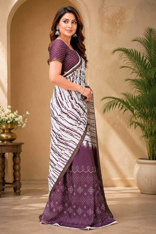 White & Purple Printed Linen Saree (HT2533)