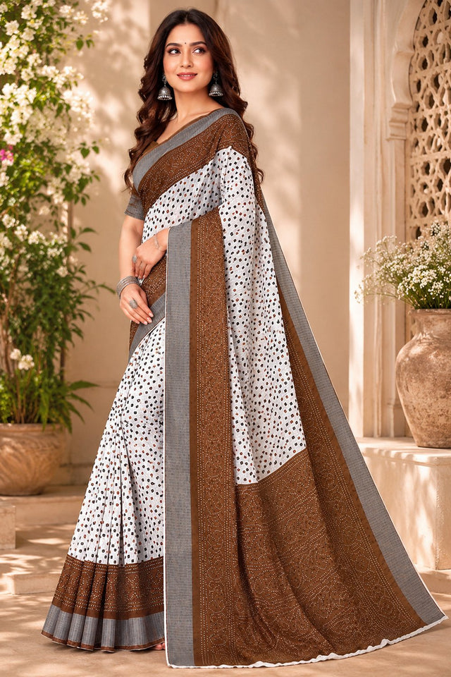 White & Brown Bandhani Printed Linen Saree (HT2535)