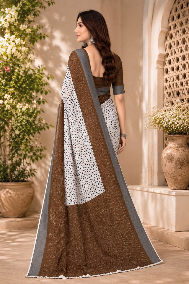 White & Brown Bandhani Printed Linen Saree (HT2535)