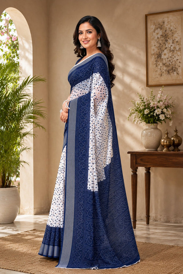 White & Blue Bandhani Printed Linen Saree (HT2536)