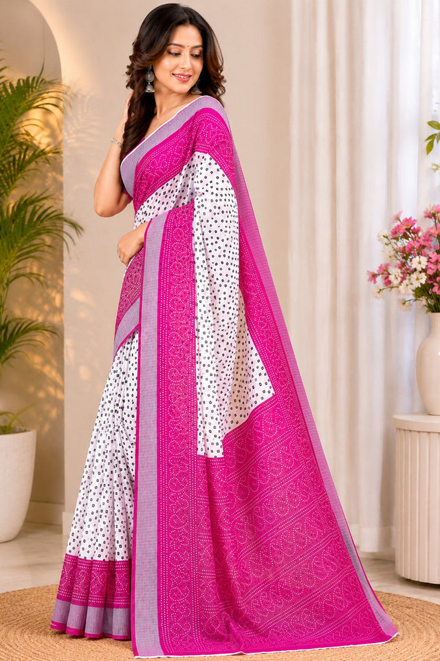White & Pink Bandhani Printed Linen Saree (HT2537)