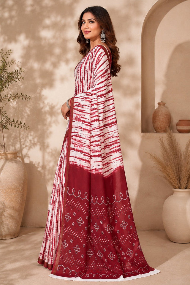 White & Red Printed Linen Saree (HT2538)