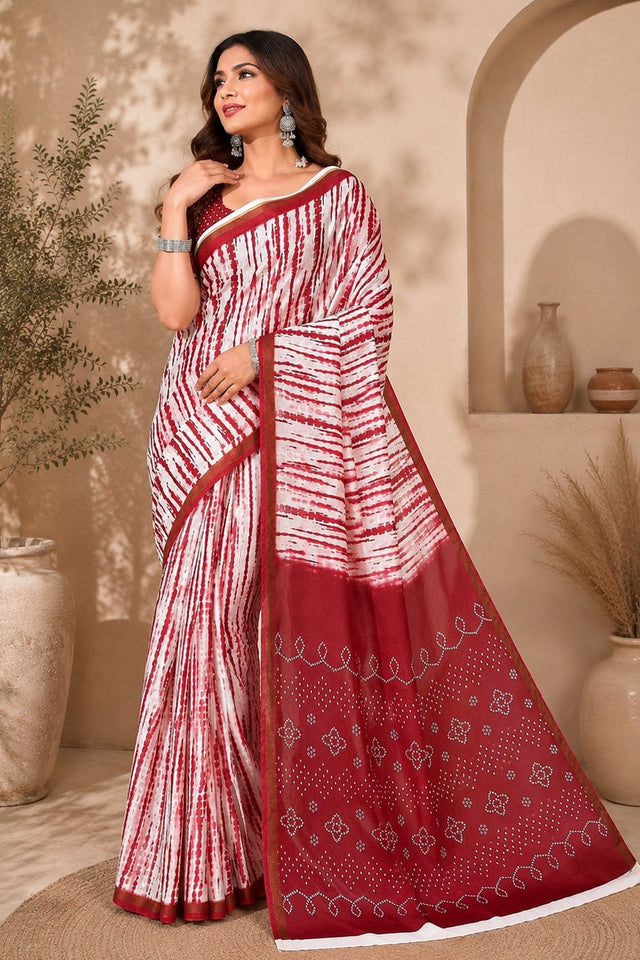 White & Red Printed Linen Saree (HT2538)