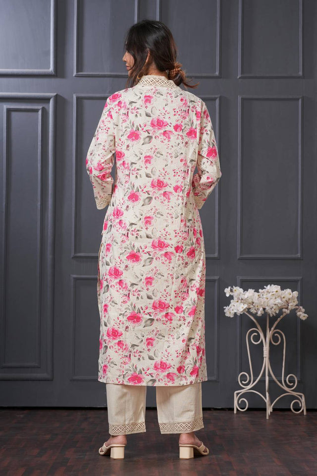 Pink Floral Printed Cotton Kurti Pant Set