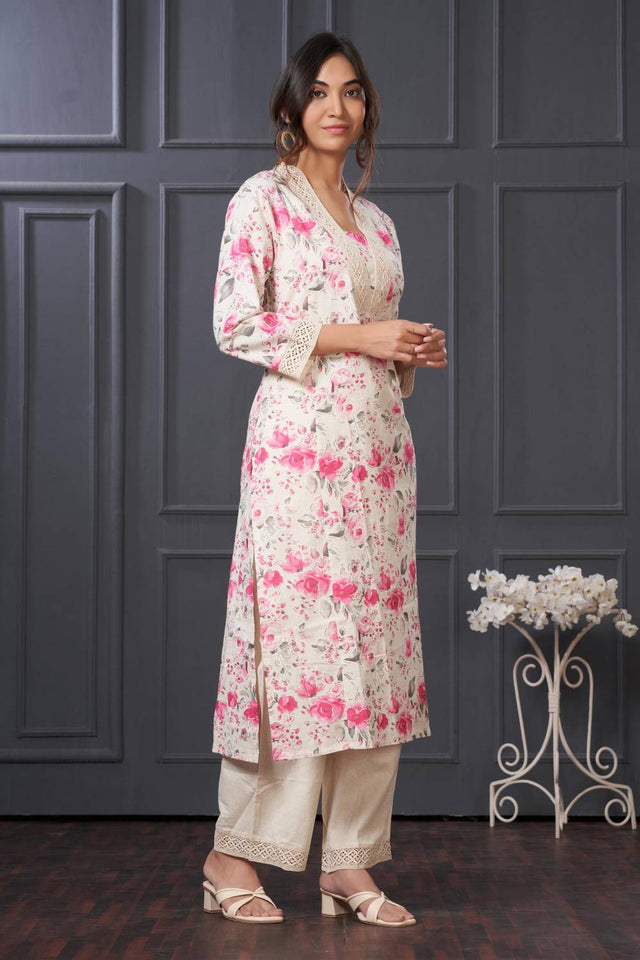 Pink Floral Printed Cotton Kurti Pant Set