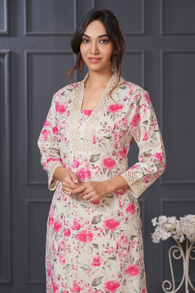 Pink Floral Printed Cotton Kurti Pant Set
