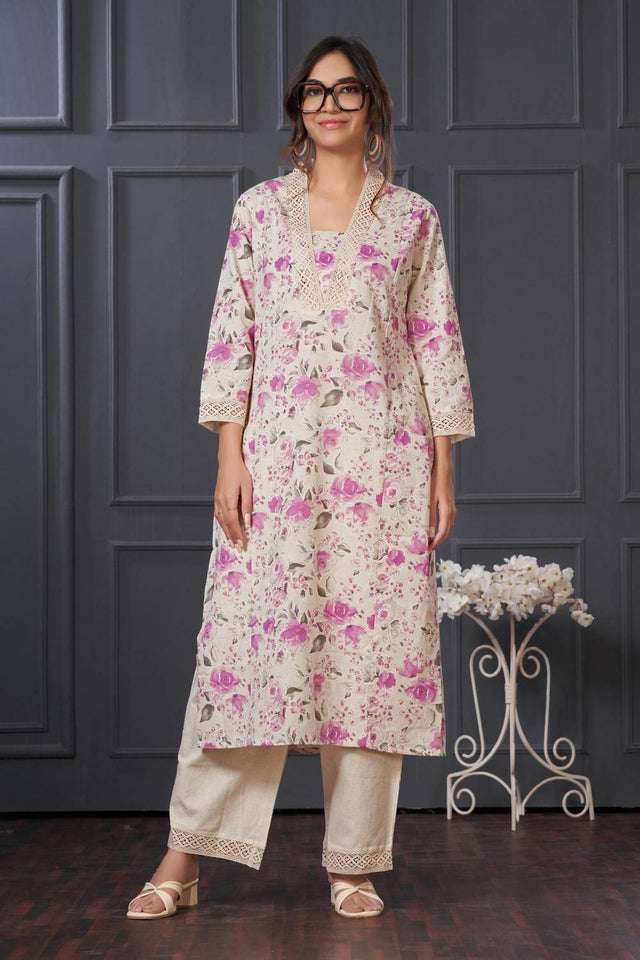 Violet Floral Printed Cotton Kurti Pant Set