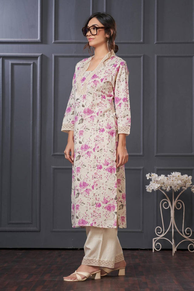 Violet Floral Printed Cotton Kurti Pant Set