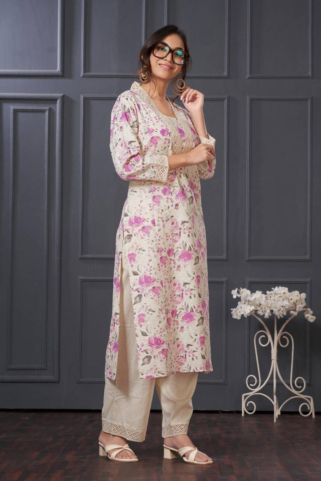 Violet Floral Printed Cotton Kurti Pant Set